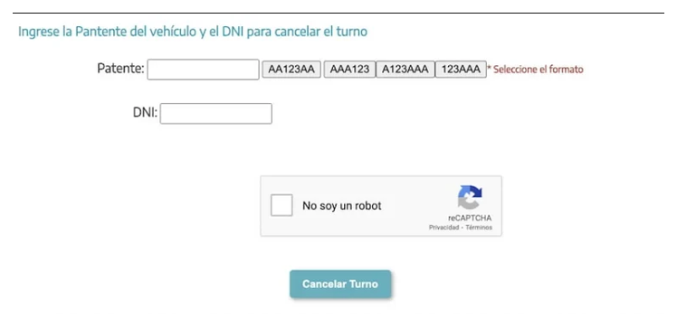 Pantalla para cancelar el turno de la VTV en Tres Arroyos con patente y DNI